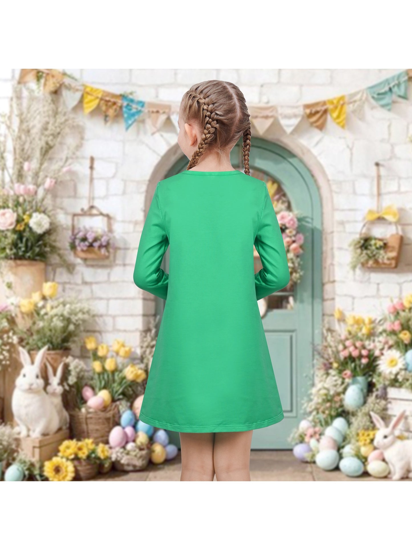 Girls Dress Easter Bunny Rainbow Cotton Embroidery Casual Long Sleeve Green