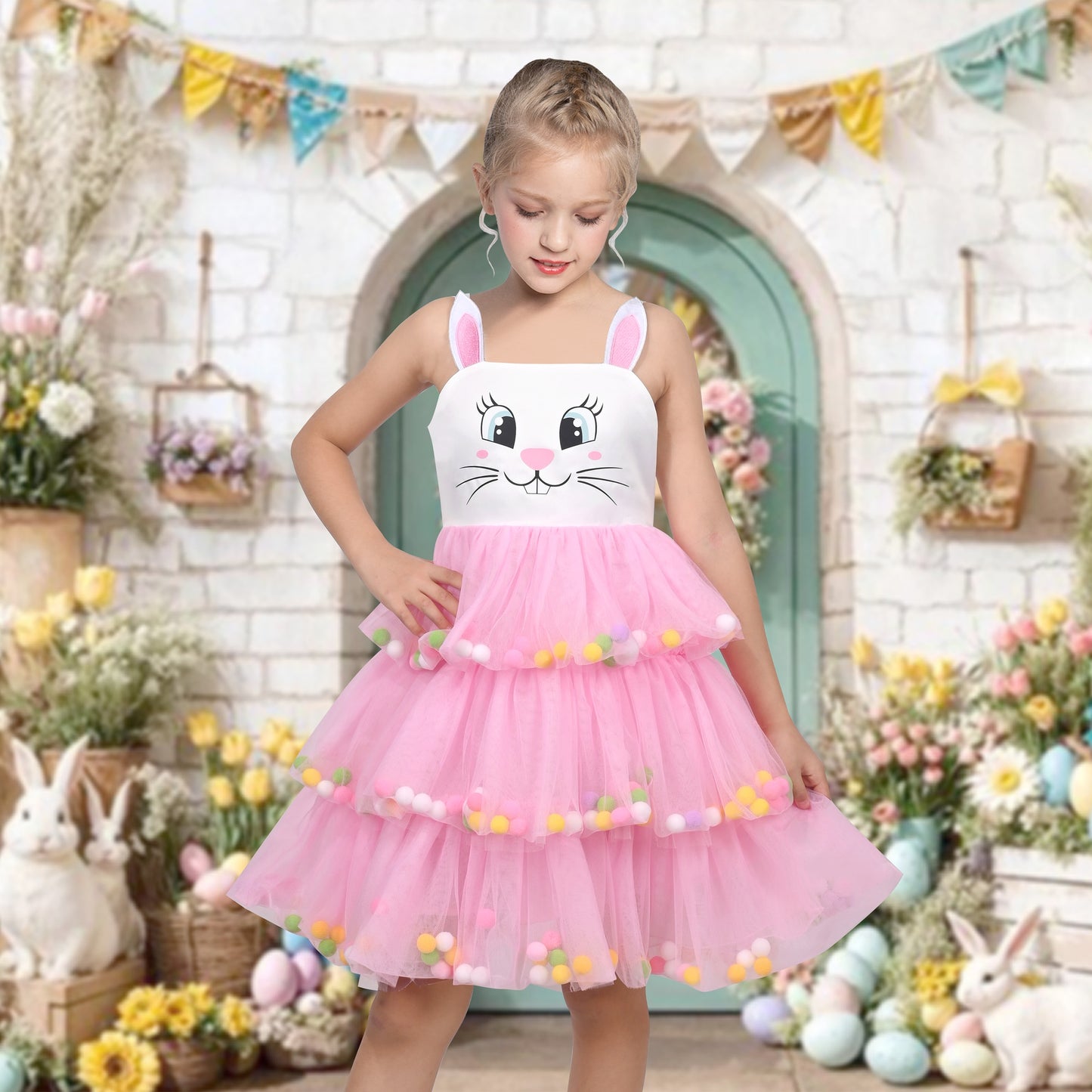 Girls Dress Pink Bow Tie Wedding Lace Tulle Overlay Layered Pink