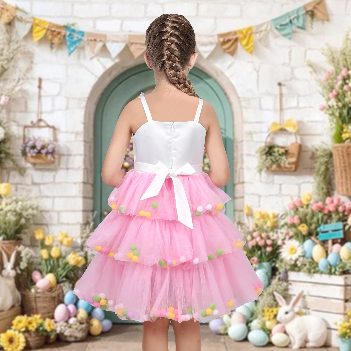 Girls Dress Pink Bow Tie Wedding Lace Tulle Overlay Layered Pink
