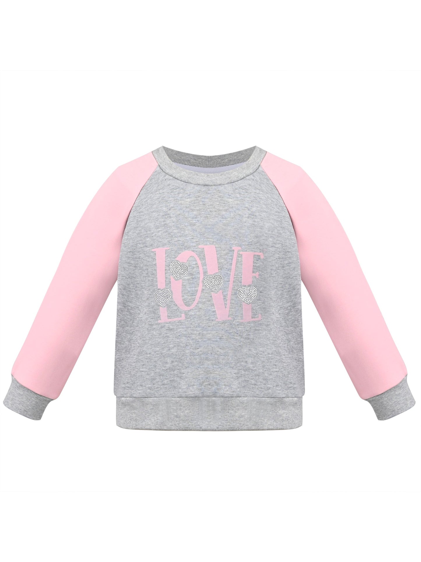 Girls Sweatshirt Top Pullover Brown Love Heart Print Crewneck Soft Casual Gray