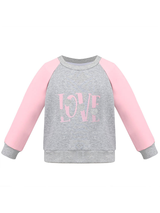 Girls Sweatshirt Top Pullover Brown Love Heart Print Crewneck Soft Casual Gray