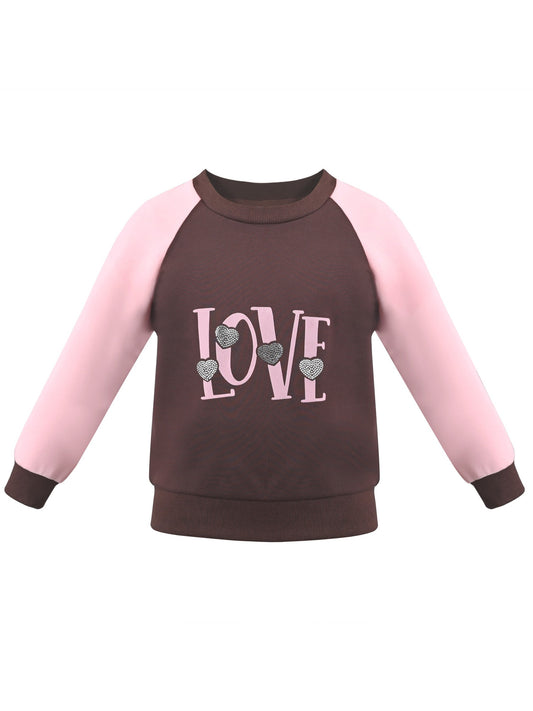 Girls Sweatshirt Top Pullover Brown Love Heart Print Crewneck Soft Casual Brown