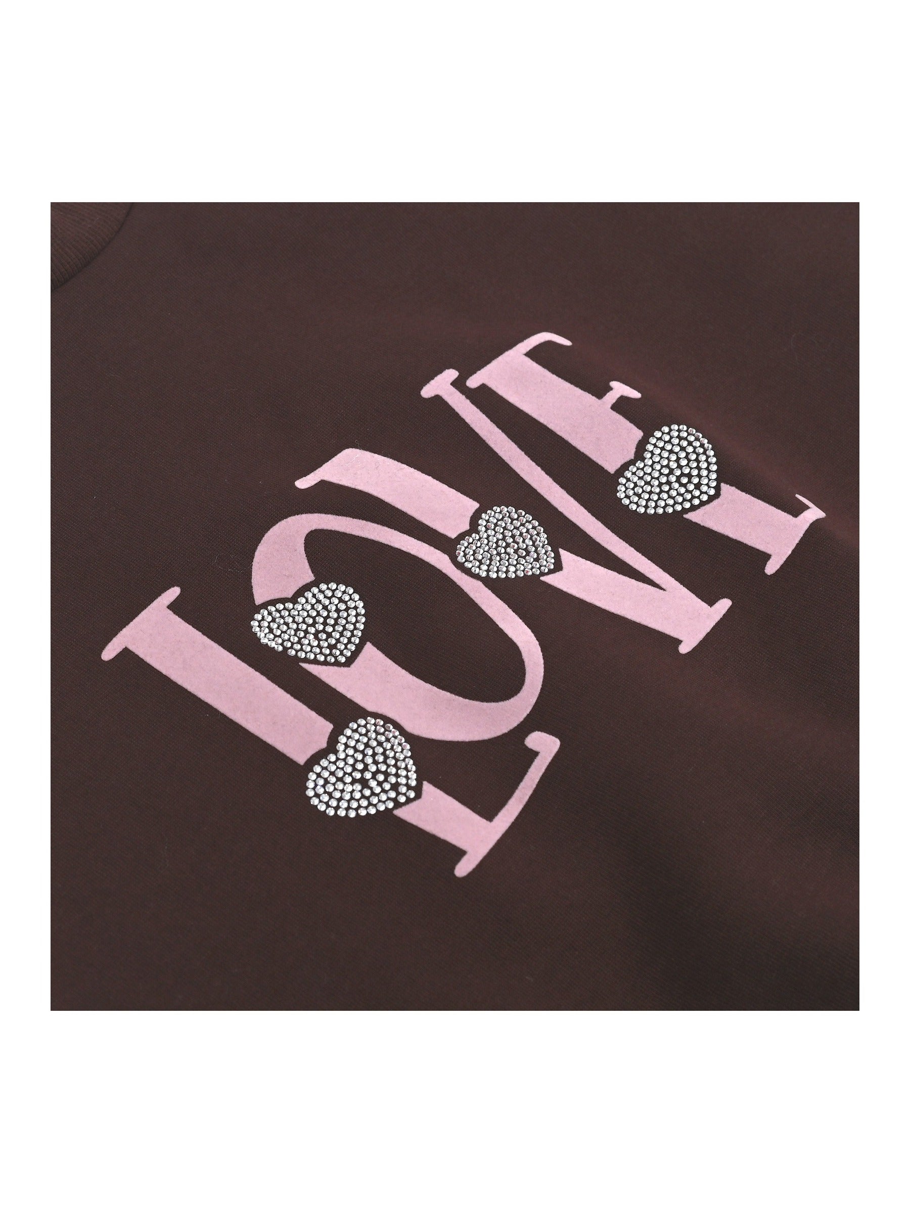 Girls Sweatshirt Top Pullover Brown Love Heart Print Crewneck Soft Casual Brown