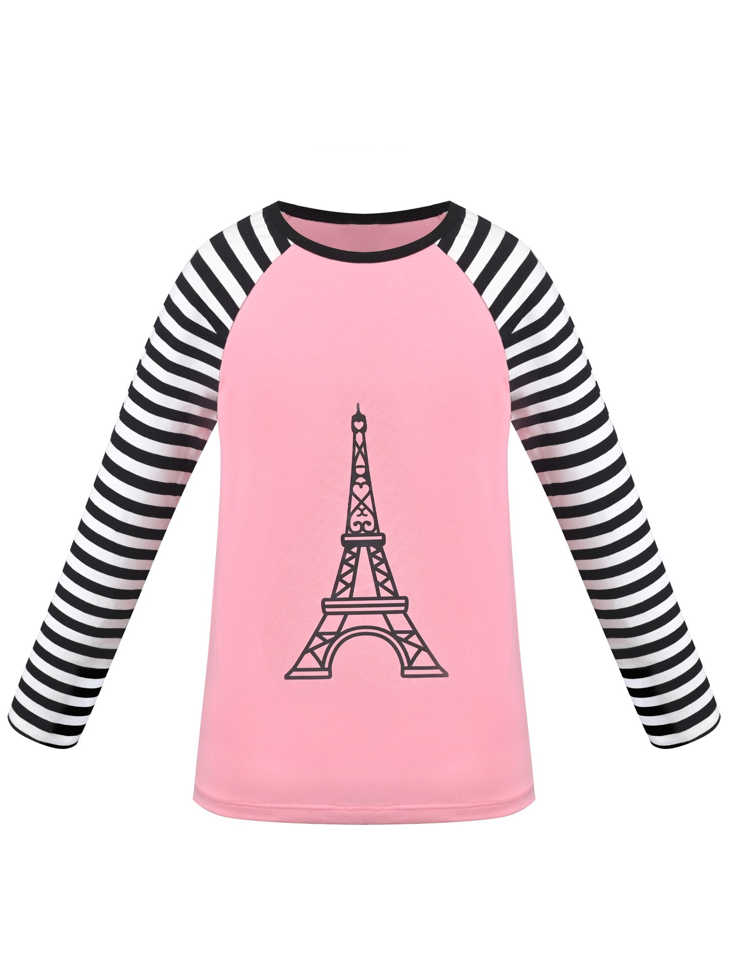 Girls Top Shirt Long Sleeve Pink Striped Valentine Crewneck Soft Casual Pink