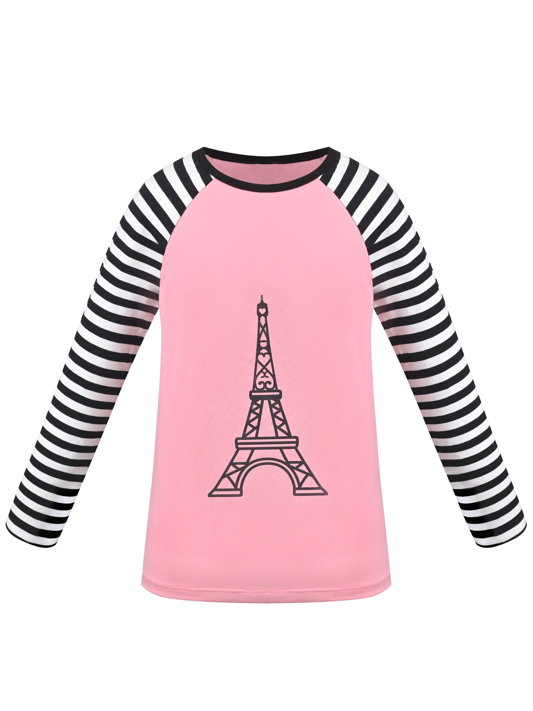 Girls Top Shirt Long Sleeve Pink Striped Valentine Crewneck Soft Casual Pink