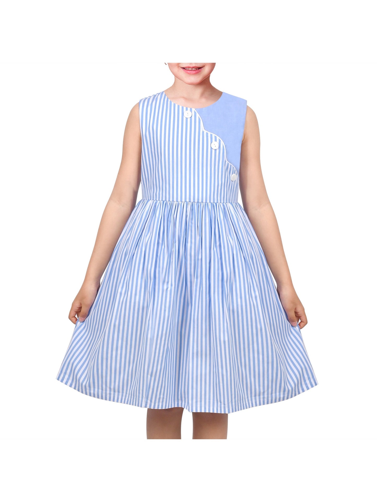 Girls Dress Colorful Floral Print Asymmetrical Color Block Sundress Blue