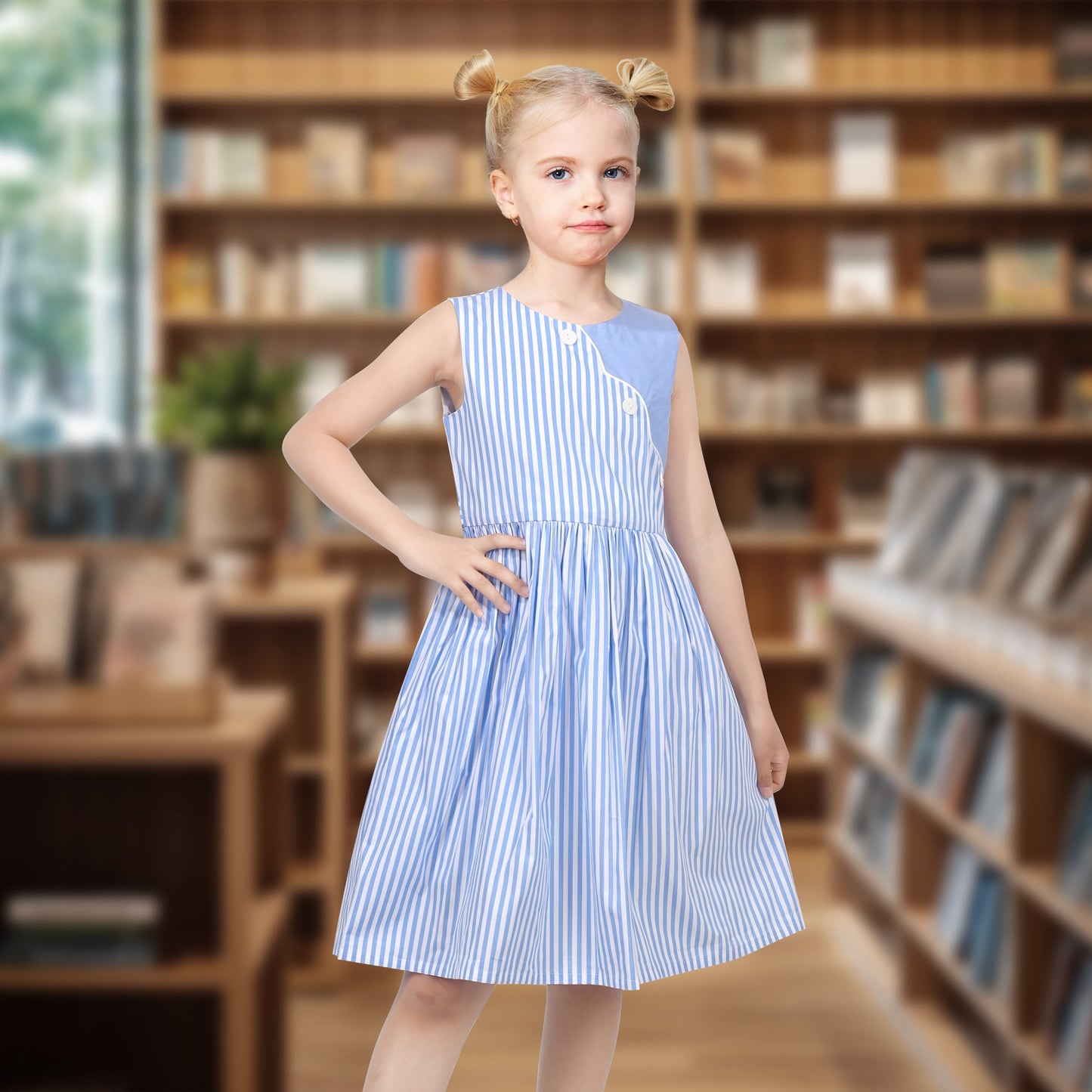 Girls Dress Colorful Floral Print Asymmetrical Color Block Sundress Blue