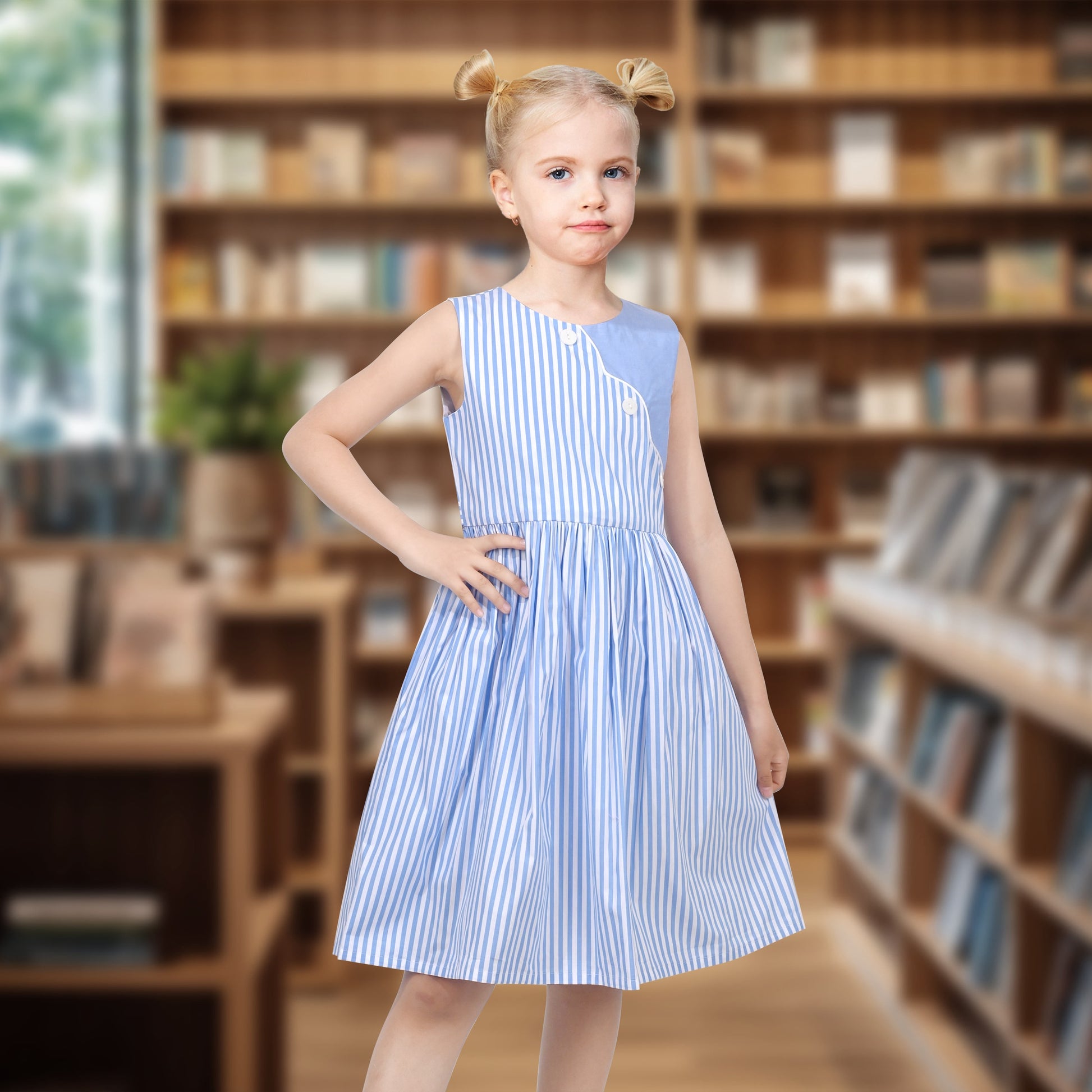 Girls Dress Colorful Floral Print Asymmetrical Color Block Sundress Blue