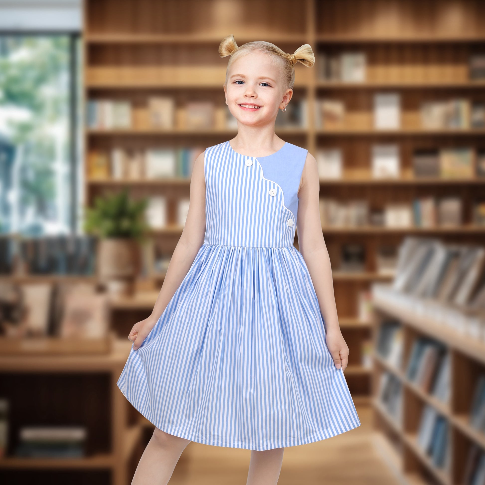 Girls Dress Colorful Floral Print Asymmetrical Color Block Sundress Blue