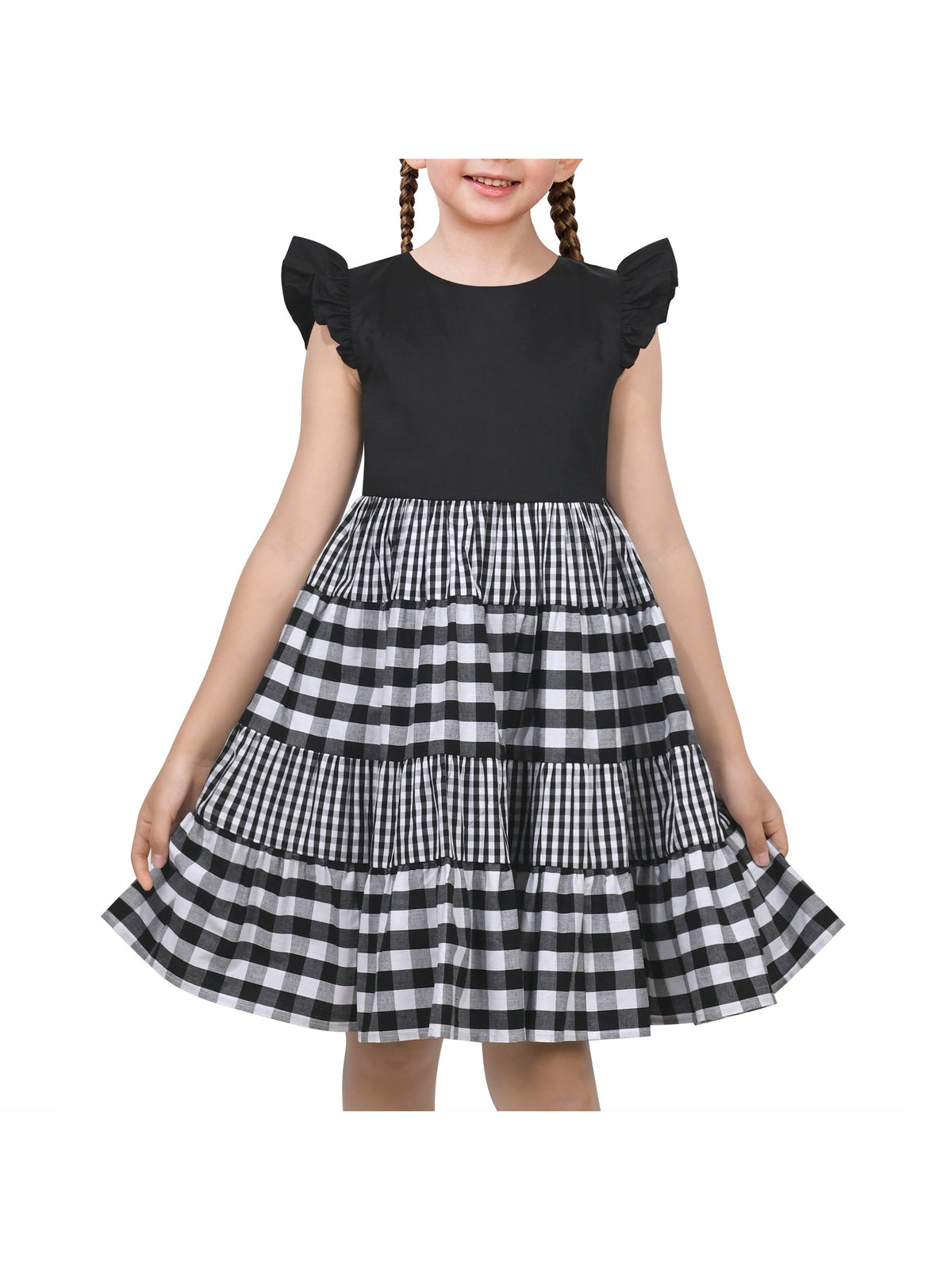 Girls Dress Blue Floral Vintage Ruffle Collar Flutter Flare Sleeve - Black Plaid