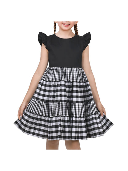 Girls Dress Blue Floral Vintage Ruffle Collar Flutter Flare Sleeve - Black Plaid