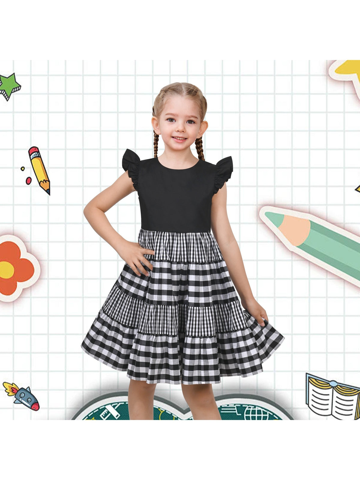 Girls Dress Blue Floral Vintage Ruffle Collar Flutter Flare Sleeve - Black Plaid