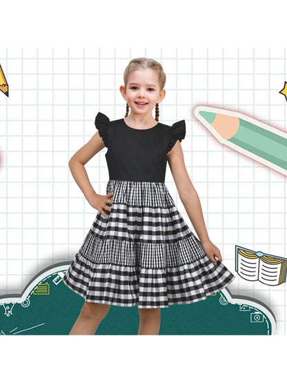 Girls Dress Blue Floral Vintage Ruffle Collar Flutter Flare Sleeve - Black Plaid