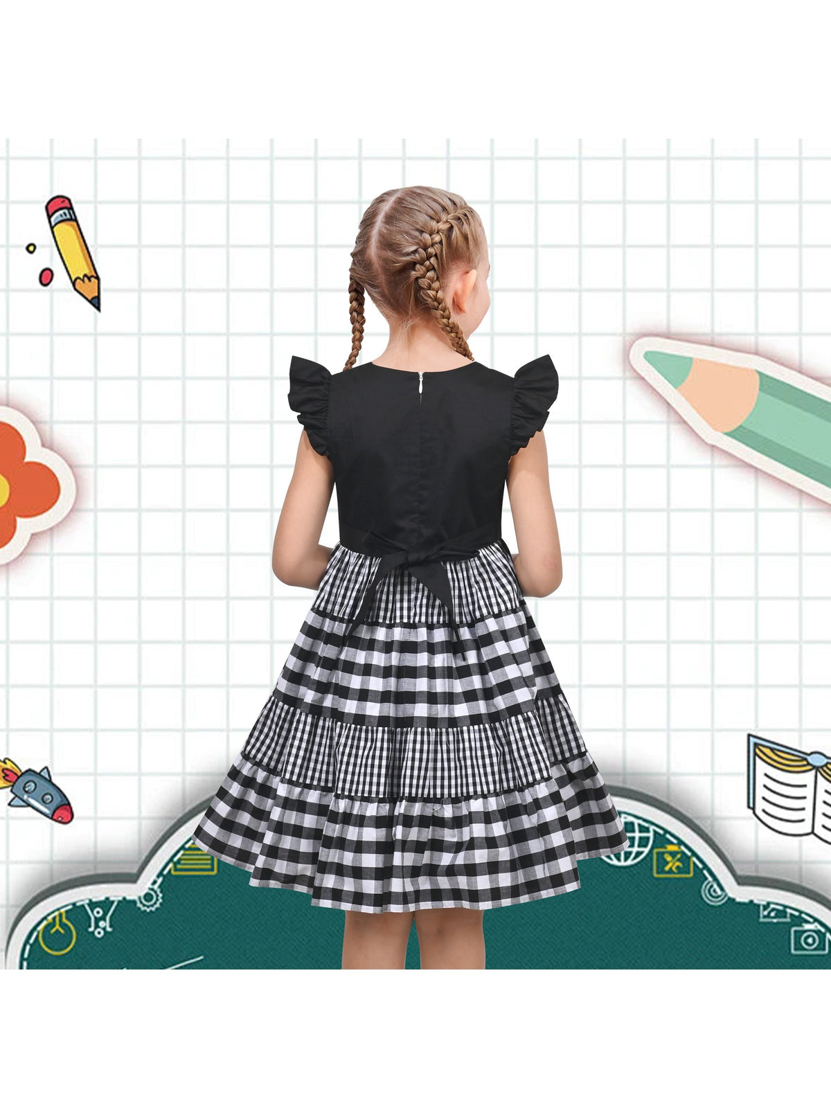 Girls Dress Blue Floral Vintage Ruffle Collar Flutter Flare Sleeve - Black Plaid