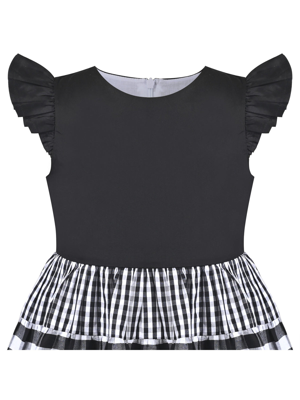 Girls Dress Blue Floral Vintage Ruffle Collar Flutter Flare Sleeve - Black Plaid