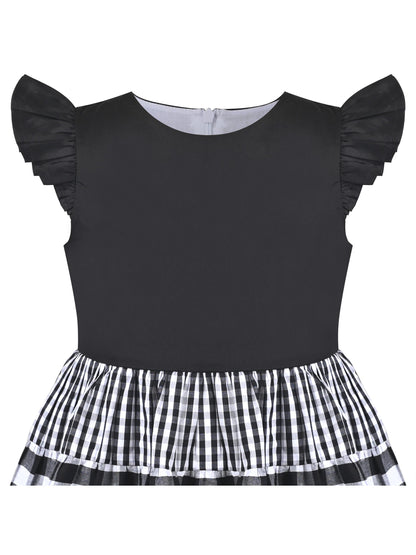 Girls Dress Blue Floral Vintage Ruffle Collar Flutter Flare Sleeve - Black Plaid