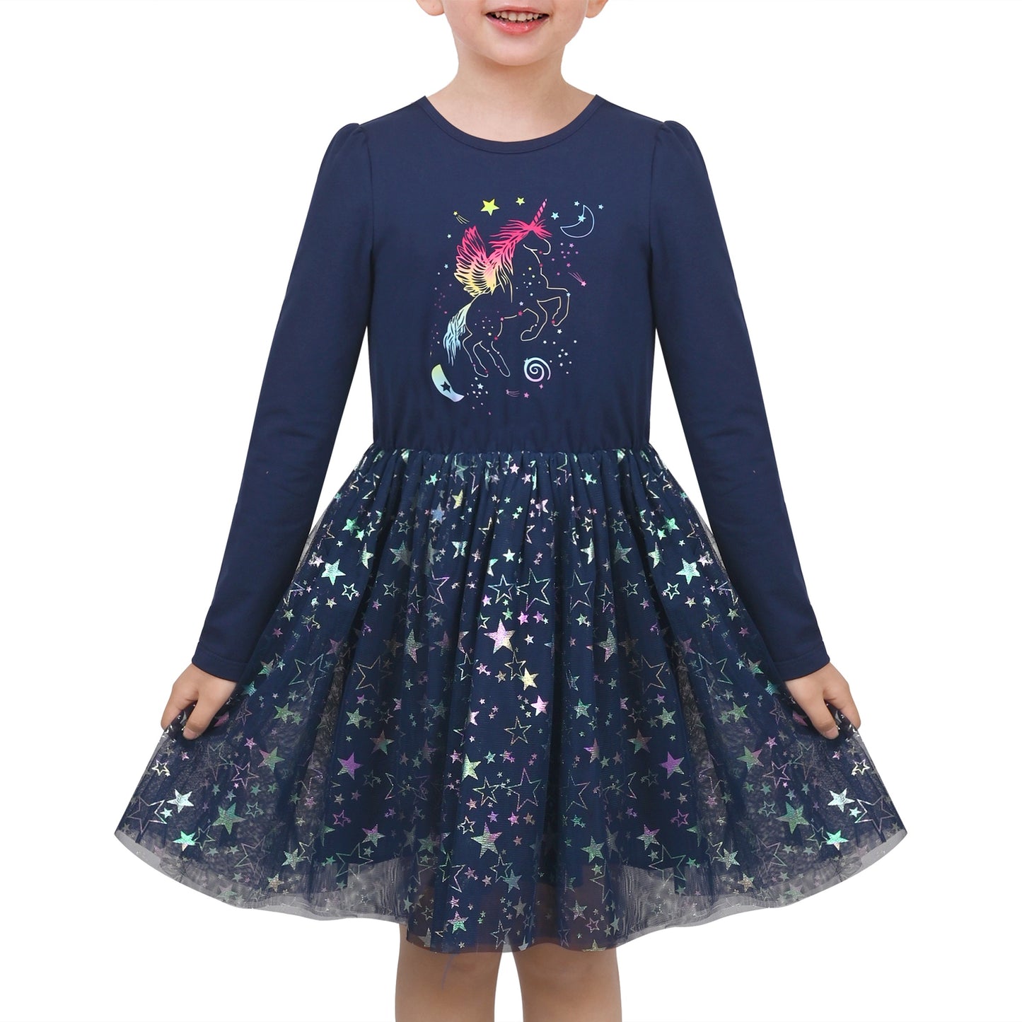 Girls Dress Sequin Stripe Ruffle Fairy Rainbow Colorful Long Sleeve Blue