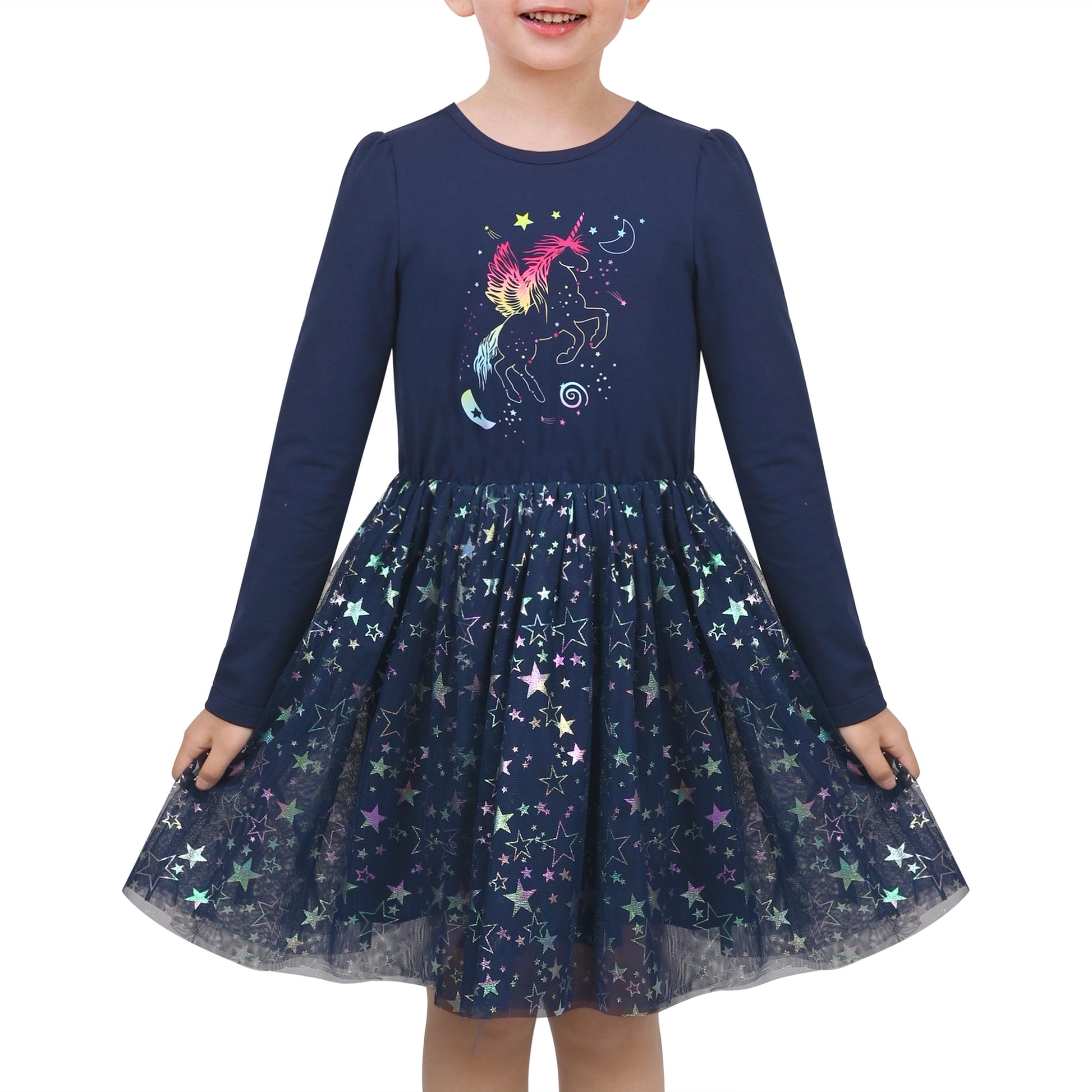 Girls Dress Sequin Stripe Ruffle Fairy Rainbow Colorful Long Sleeve Blue