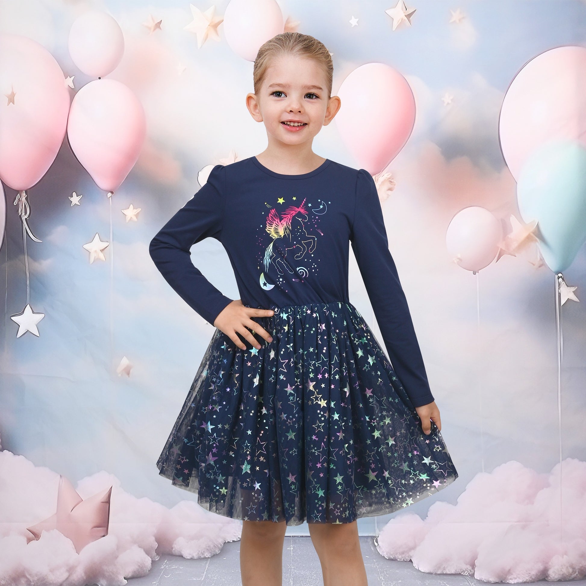 Girls Dress Sequin Stripe Ruffle Fairy Rainbow Colorful Long Sleeve Blue