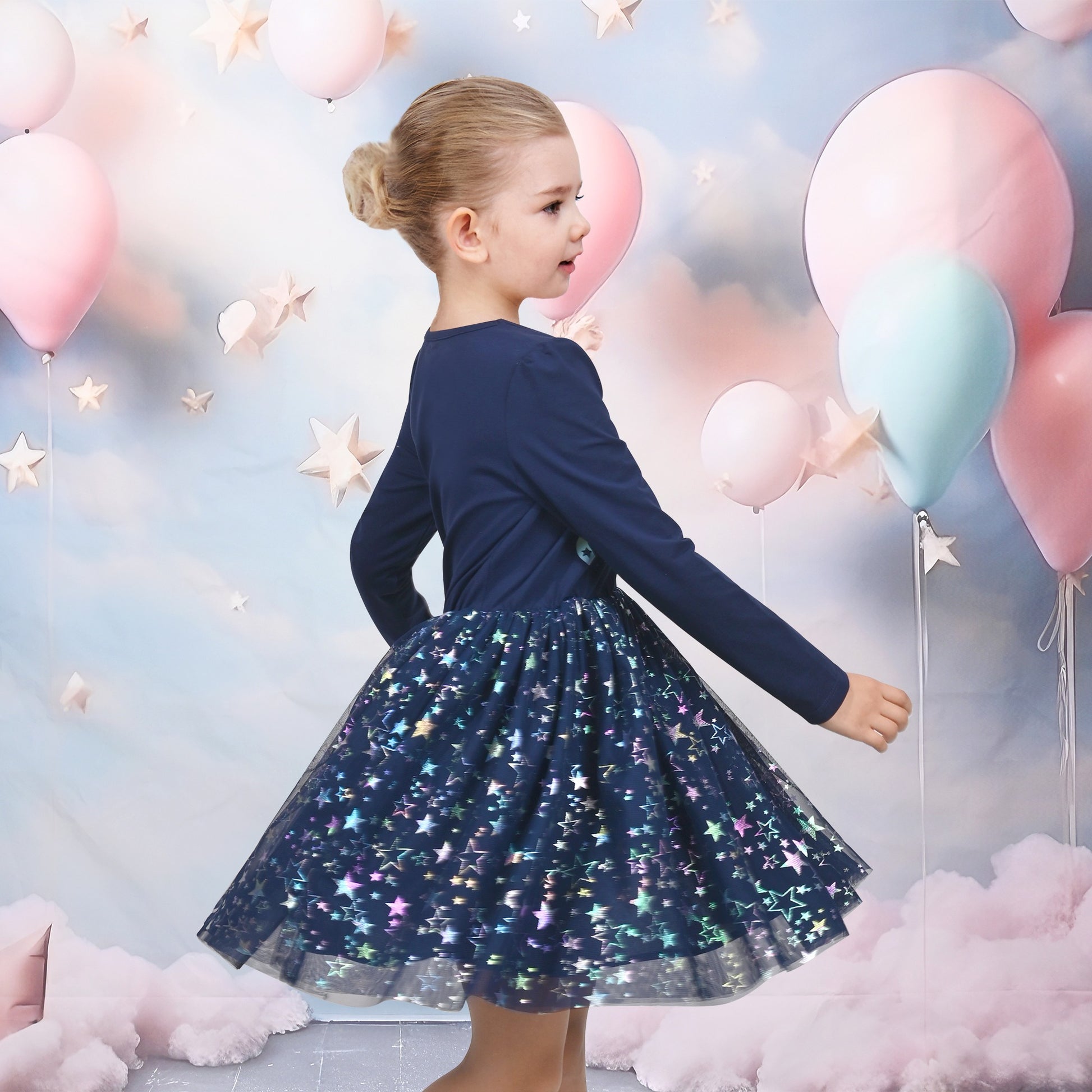 Girls Dress Sequin Stripe Ruffle Fairy Rainbow Colorful Long Sleeve Blue
