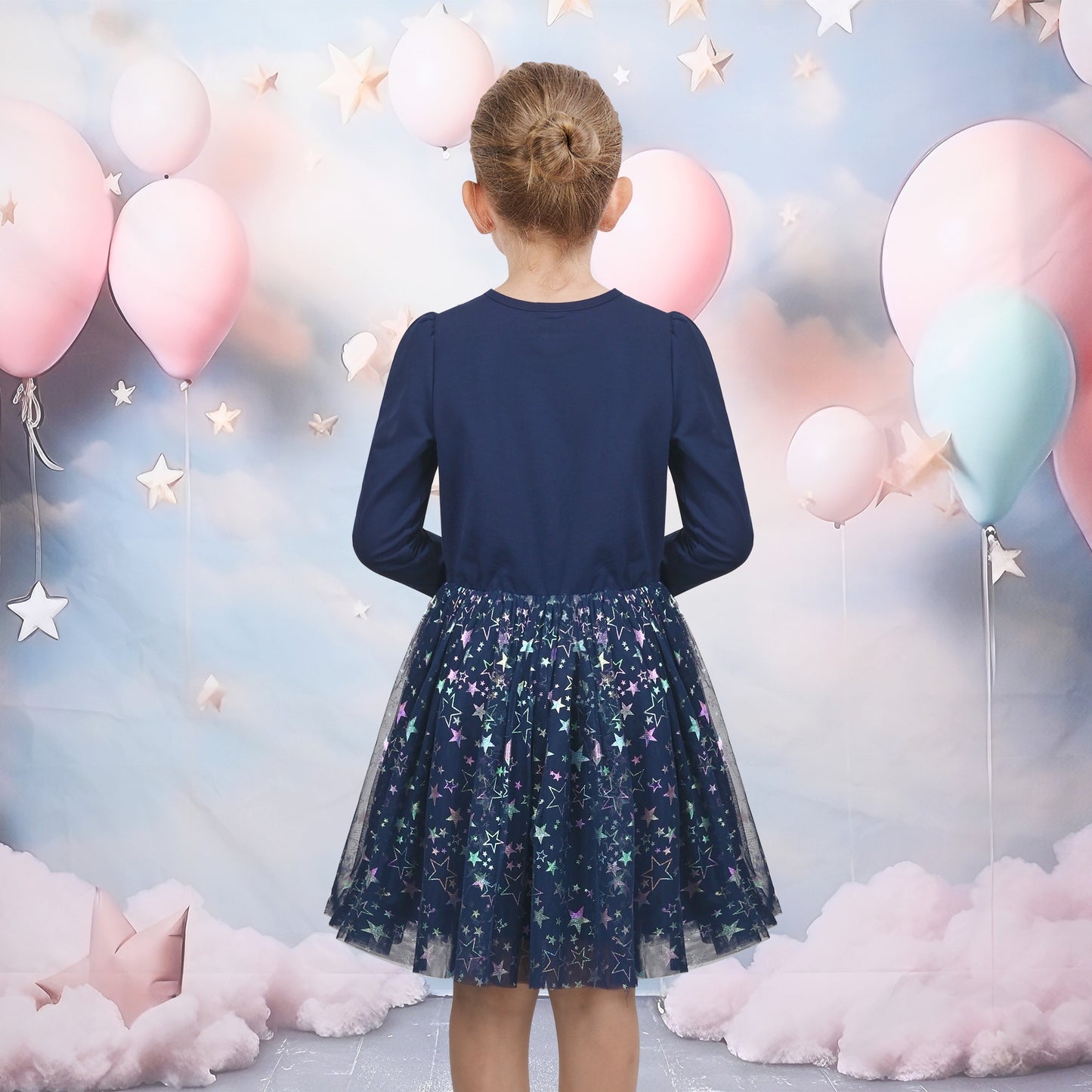 Girls Dress Sequin Stripe Ruffle Fairy Rainbow Colorful Long Sleeve Blue