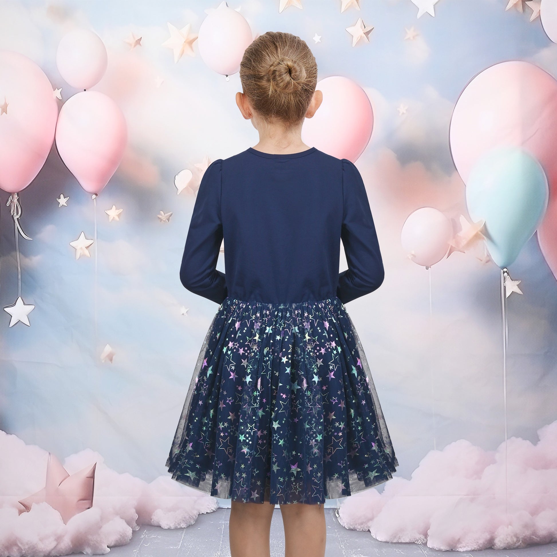 Girls Dress Sequin Stripe Ruffle Fairy Rainbow Colorful Long Sleeve Blue