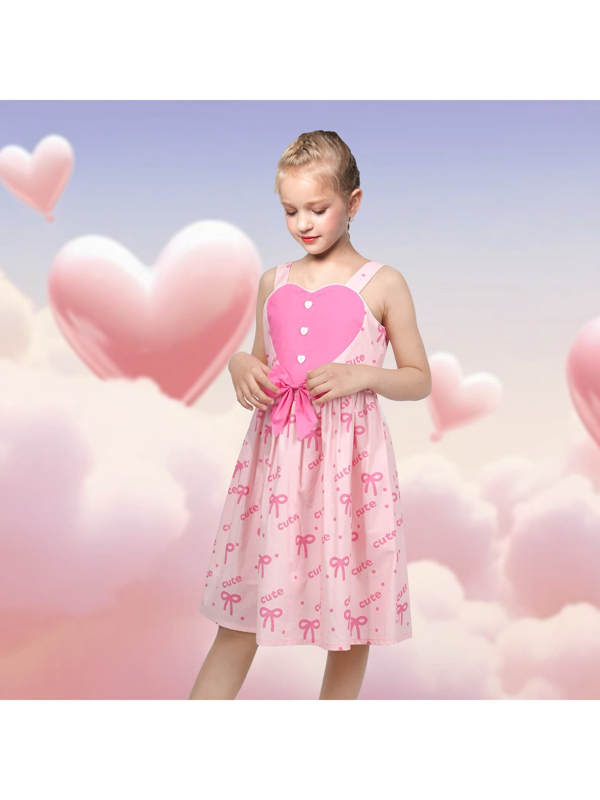 Girls Dress Mauve Plaid Love Heart Playful Holiday Party Casual Sundress - Light Pink Heart
