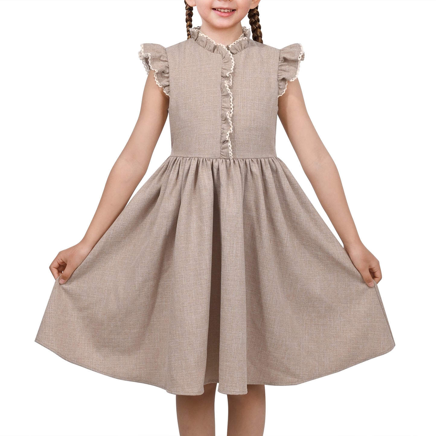 Girls Dress Royal Blue Front Button Swing Lace Flying Sleeve Vintage Beige