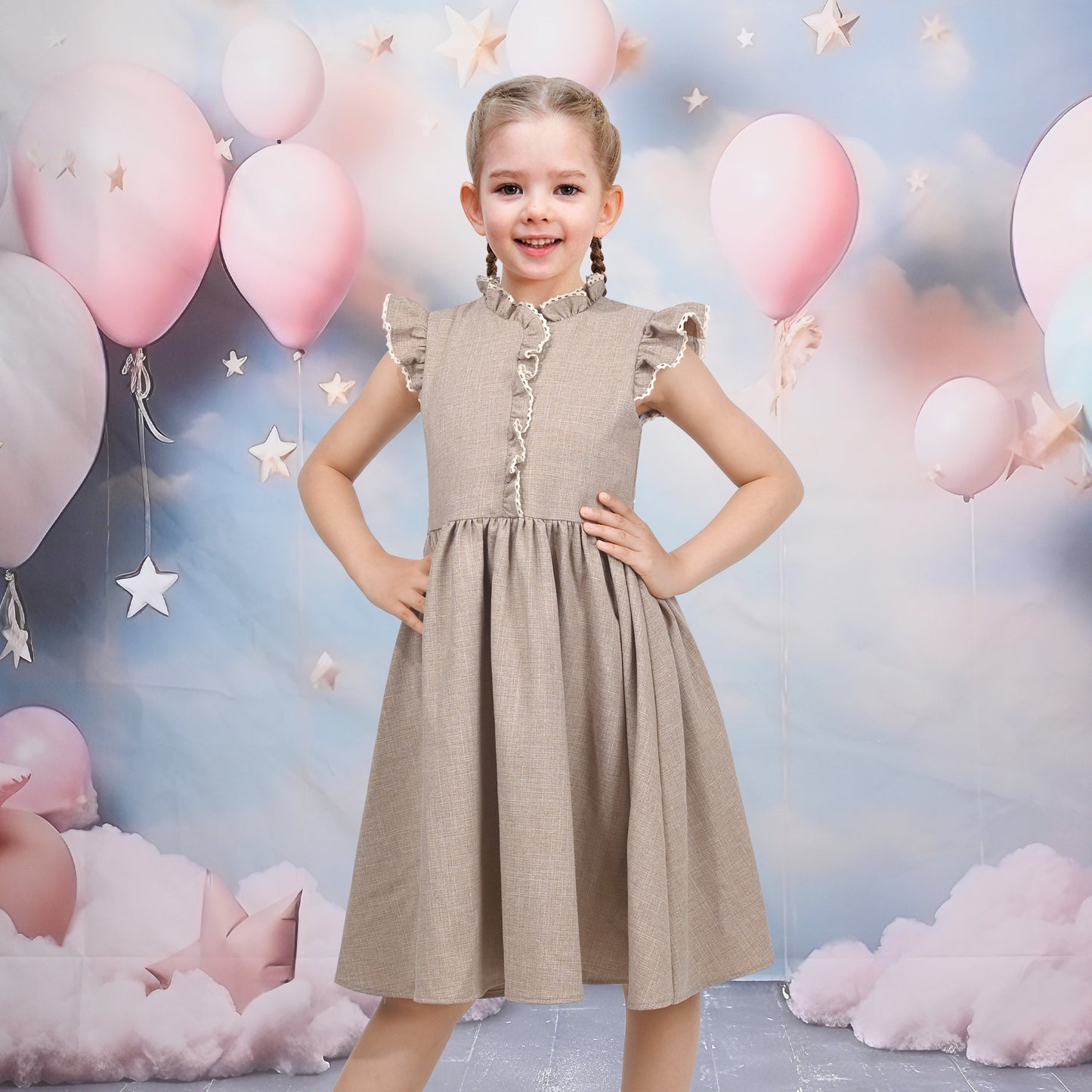 Girls Dress Royal Blue Front Button Swing Lace Flying Sleeve Vintage Beige