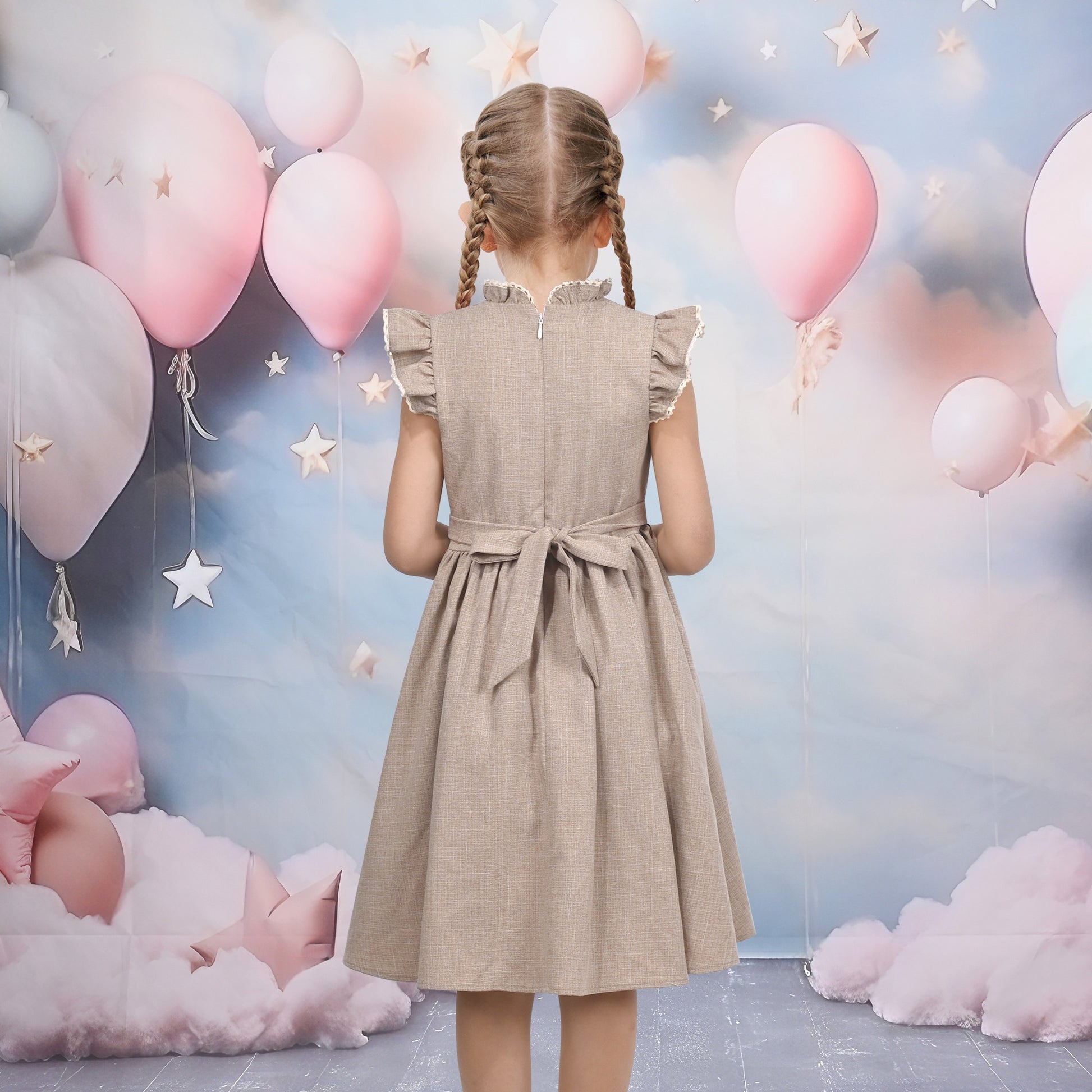 Girls Dress Royal Blue Front Button Swing Lace Flying Sleeve Vintage Beige