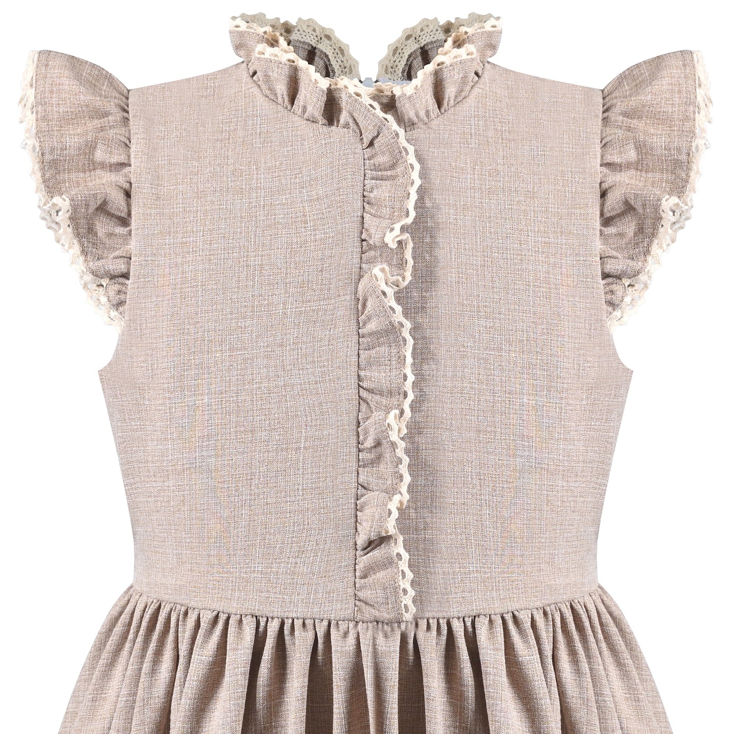 Girls Dress Royal Blue Front Button Swing Lace Flying Sleeve Vintage Beige