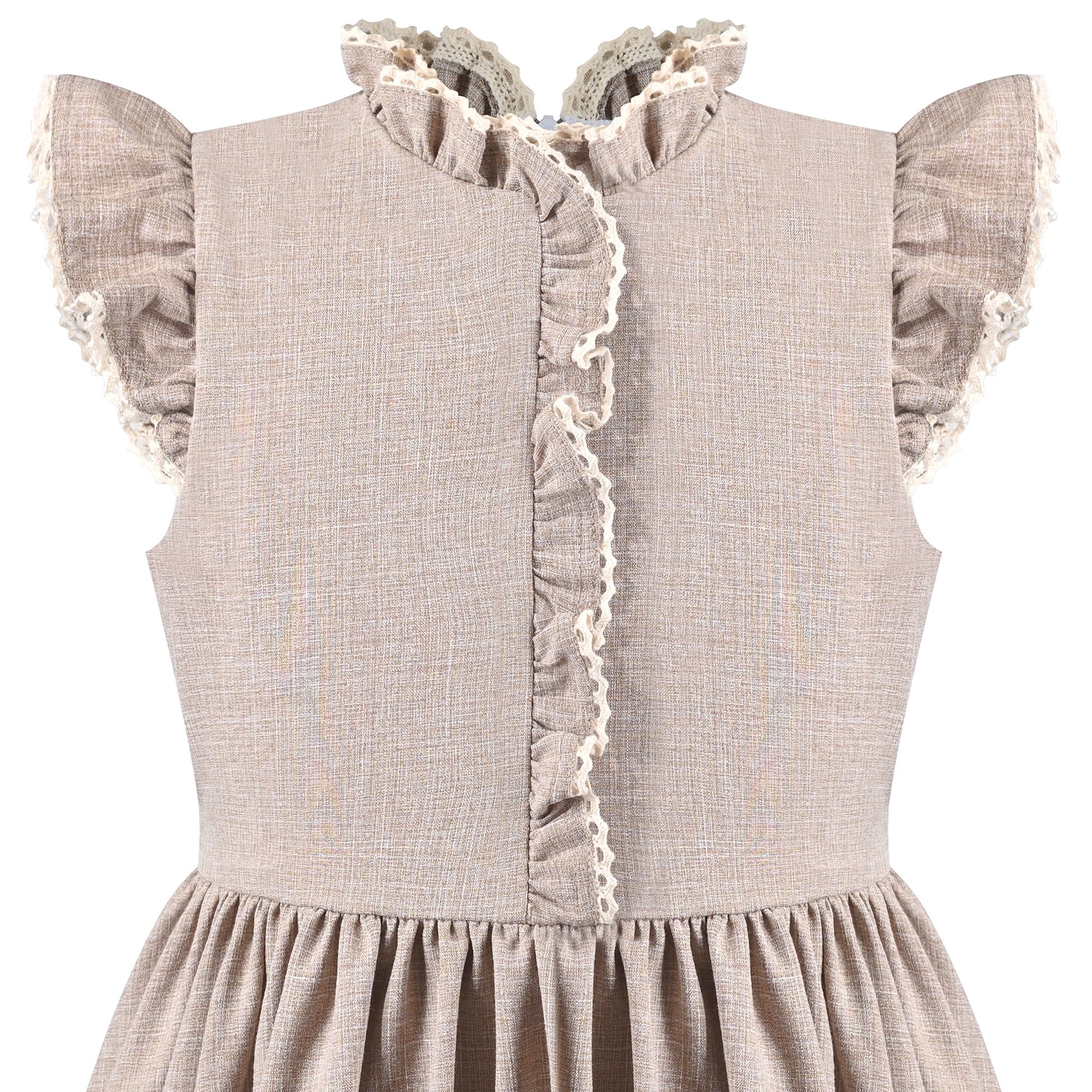 Girls Dress Royal Blue Front Button Swing Lace Flying Sleeve Vintage Beige