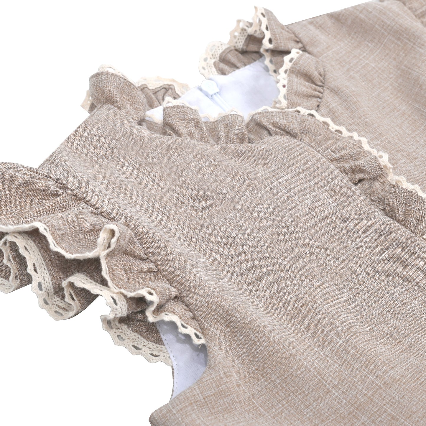 Girls Dress Royal Blue Front Button Swing Lace Flying Sleeve Vintage Beige