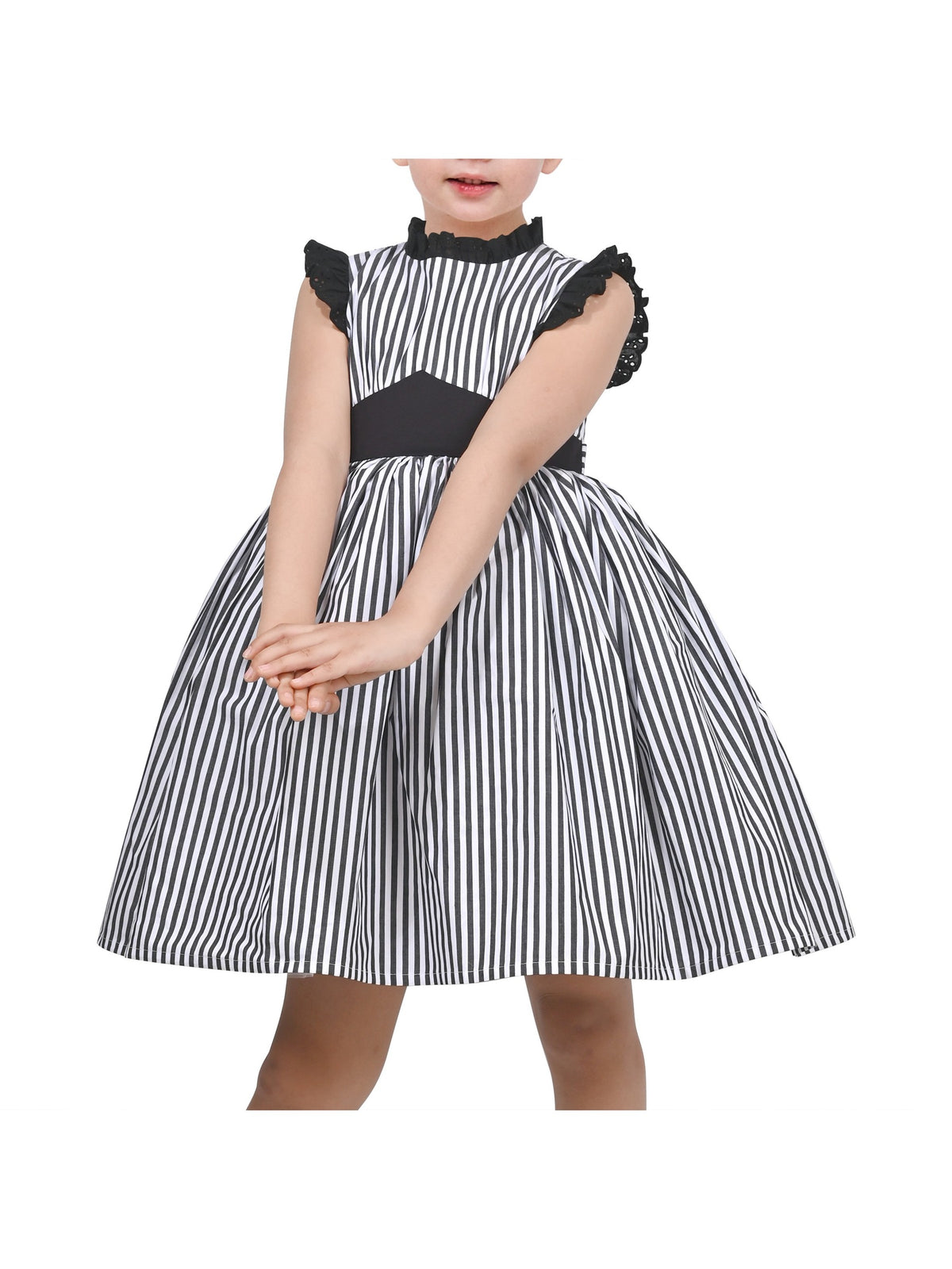 Girls Dress Blue Floral Vintage Ruffle Collar Flutter Flare Sleeve - Black Striped