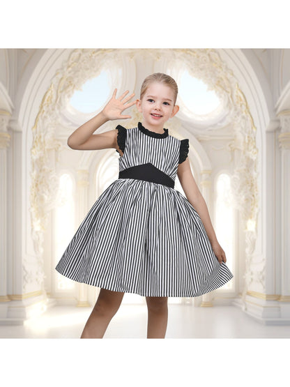 Girls Dress Blue Floral Vintage Ruffle Collar Flutter Flare Sleeve - Black Striped