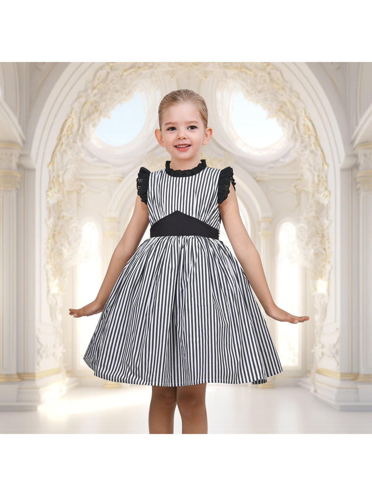 Girls Dress Blue Floral Vintage Ruffle Collar Flutter Flare Sleeve - Black Striped