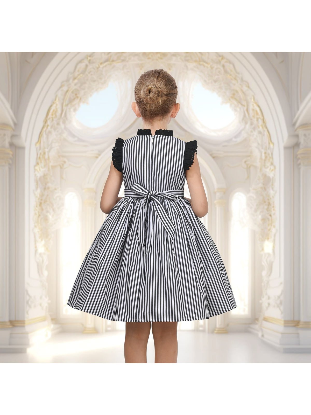 Girls Dress Blue Floral Vintage Ruffle Collar Flutter Flare Sleeve - Black Striped