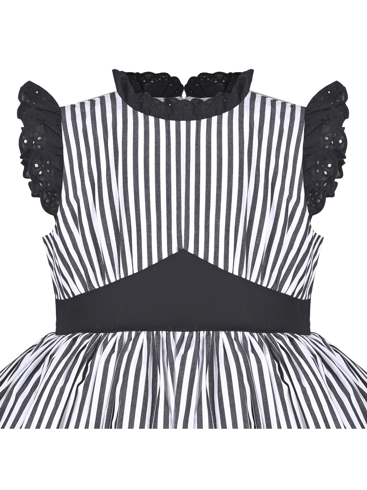 Girls Dress Blue Floral Vintage Ruffle Collar Flutter Flare Sleeve - Black Striped