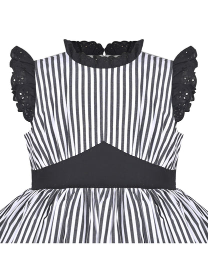 Girls Dress Blue Floral Vintage Ruffle Collar Flutter Flare Sleeve - Black Striped