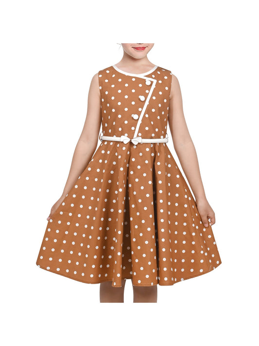 Girls Dress Polka Dot Butterfly Belt Asymmetrical Playful Brown