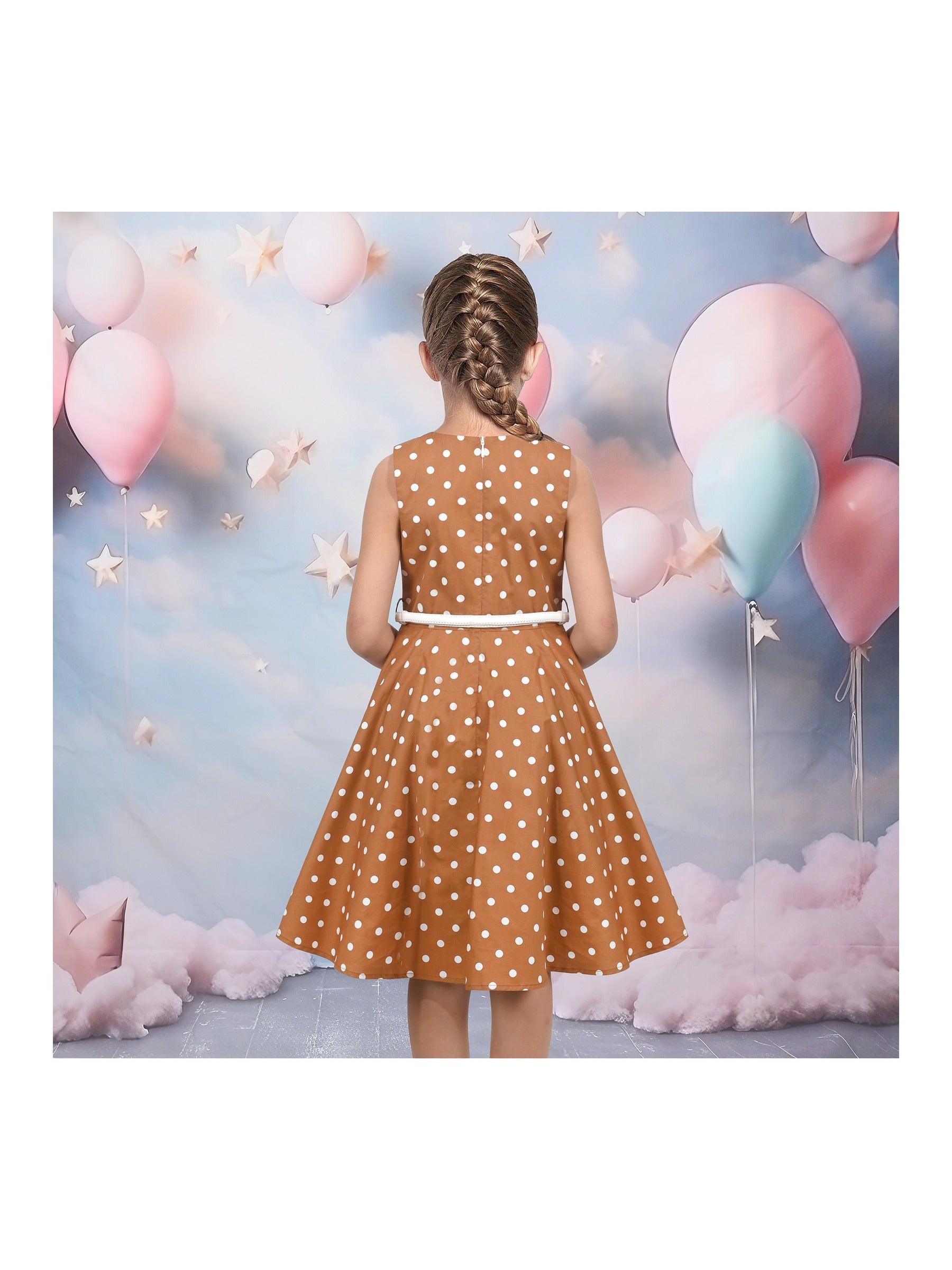 Girls Dress Polka Dot Butterfly Belt Asymmetrical Playful Brown