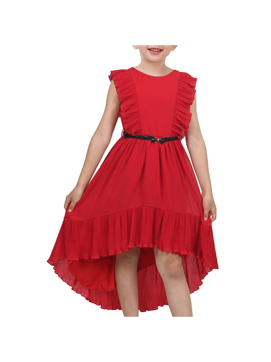 Girls Dress Coffee Ruffle Butterfly High Low Irregular Hem Sweet Birthday Party Red