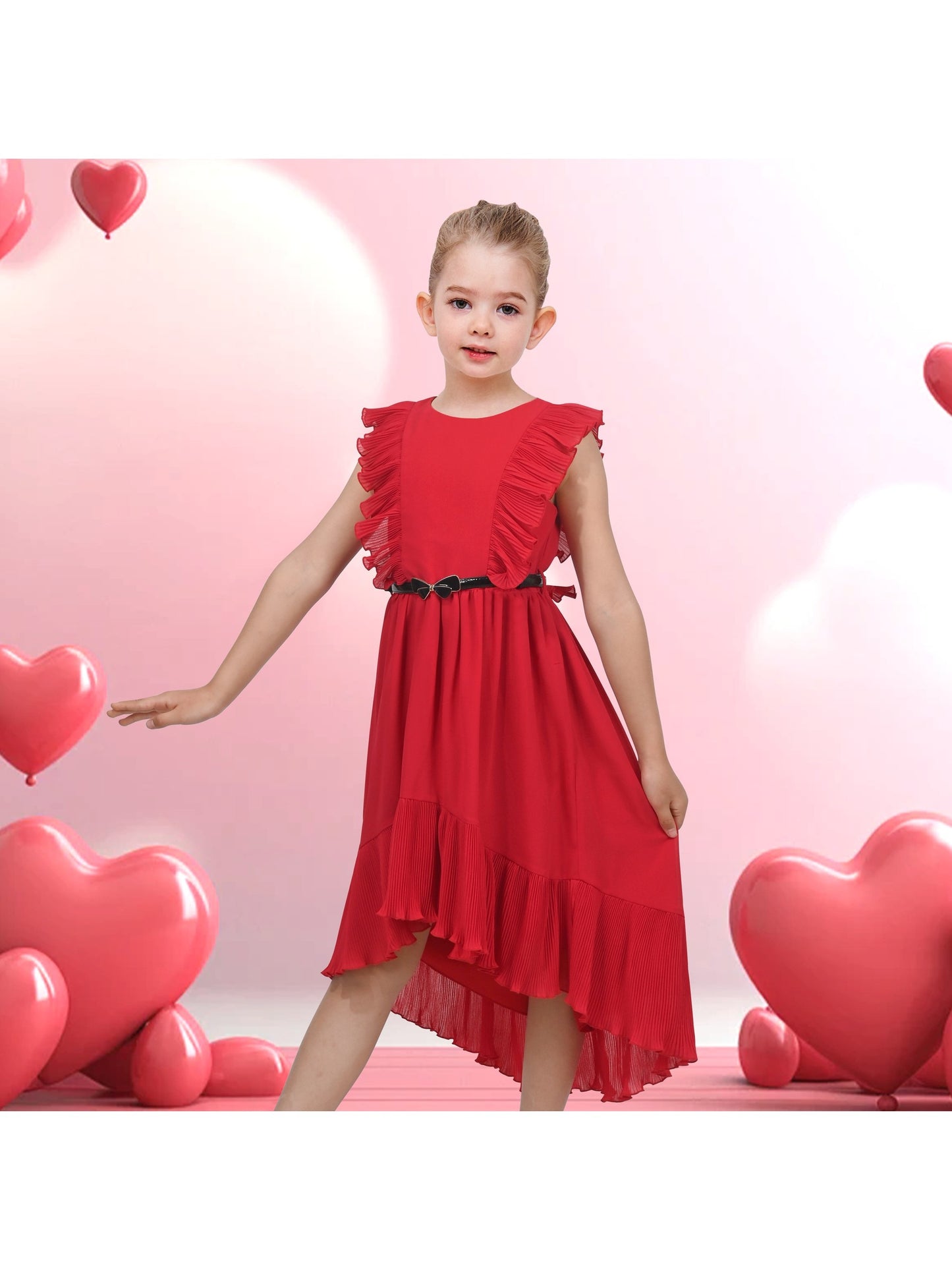Girls Dress Coffee Ruffle Butterfly High Low Irregular Hem Sweet Birthday Party Red
