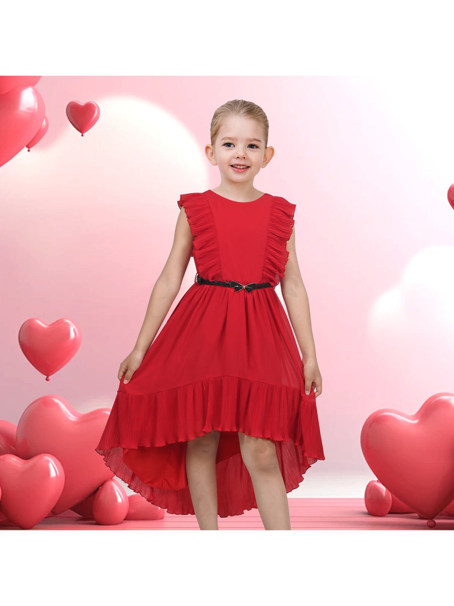 Girls Dress Coffee Ruffle Butterfly High Low Irregular Hem Sweet Birthday Party Red