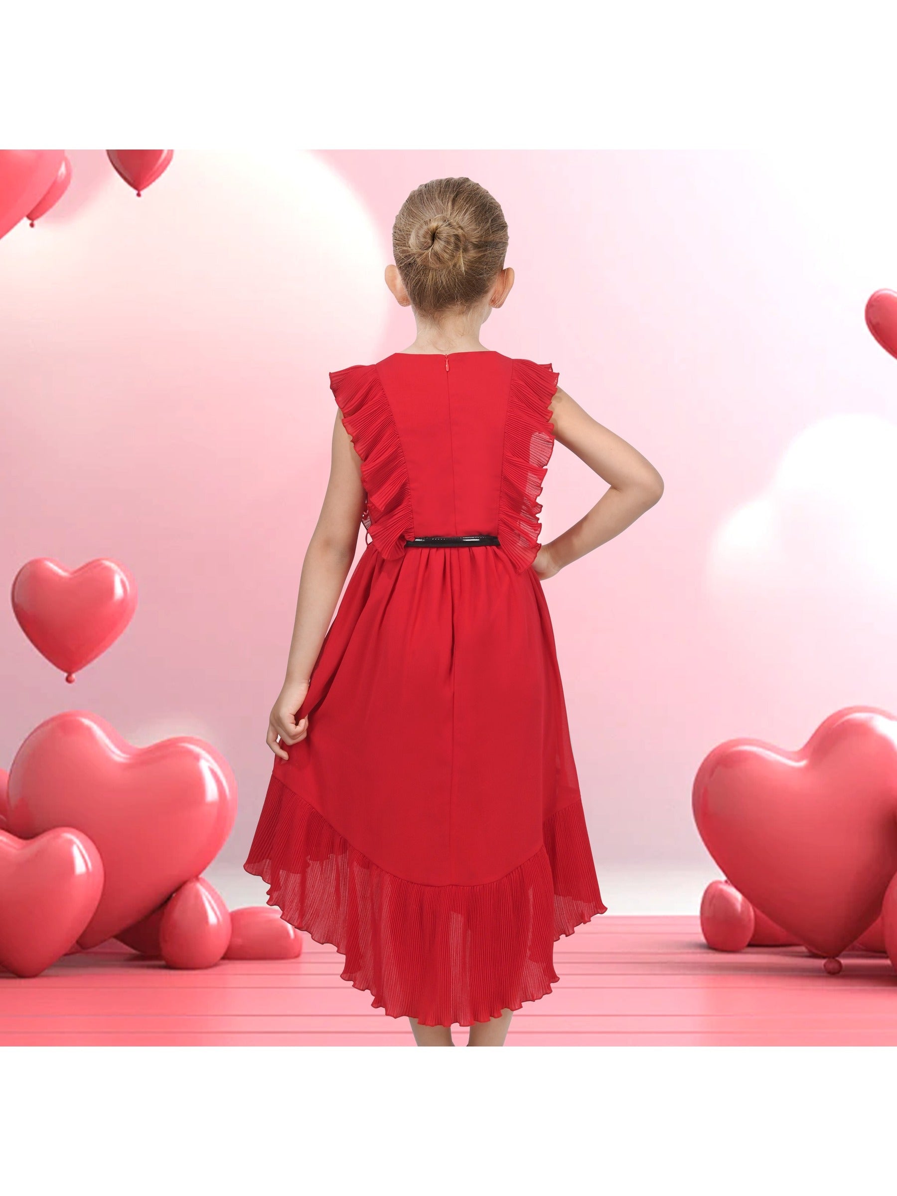 Girls Dress Coffee Ruffle Butterfly High Low Irregular Hem Sweet Birthday Party Red
