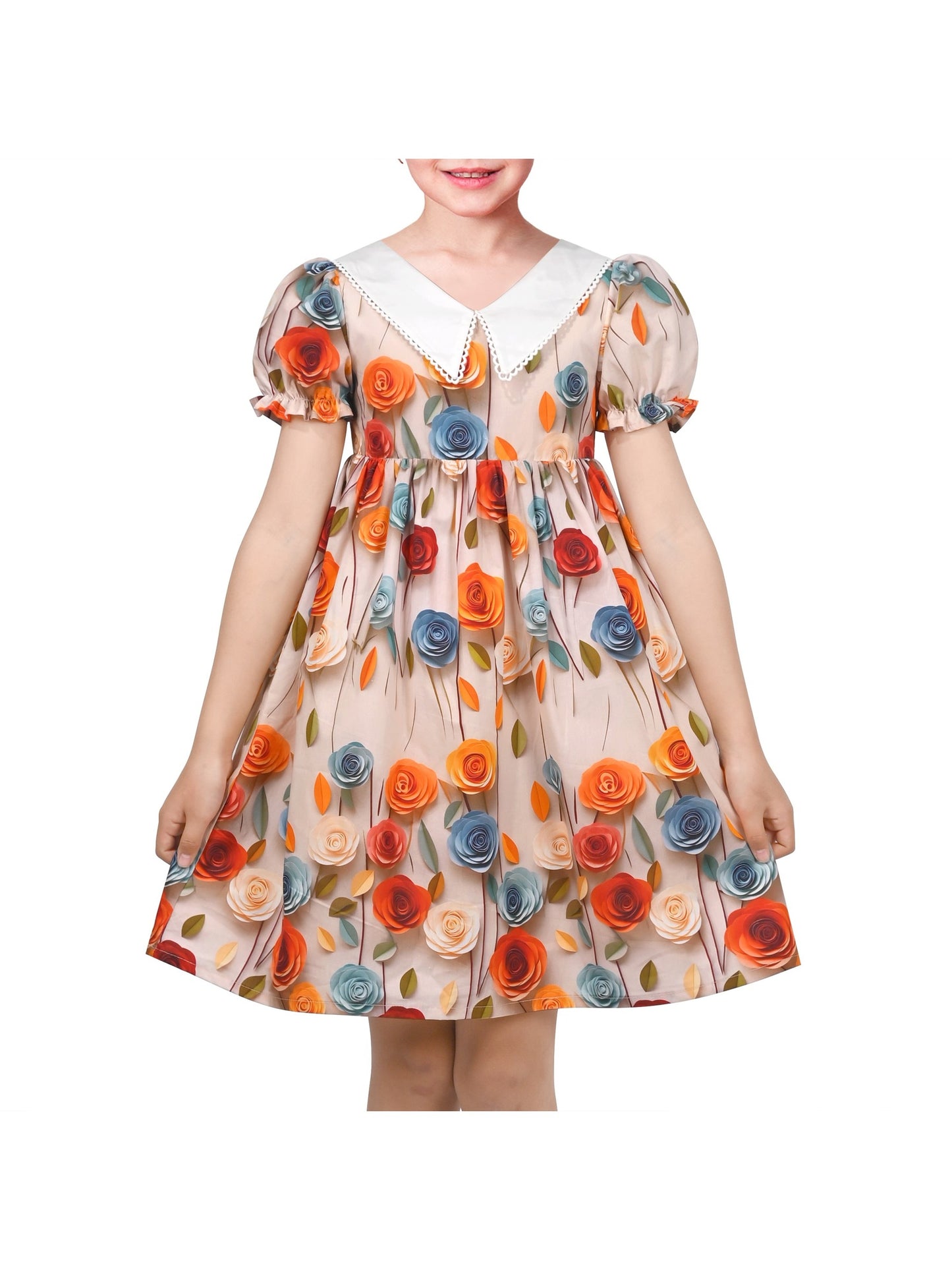 Girls Dress Floral Rose Collar Puff Sleeve Casual Summer Party Yellow