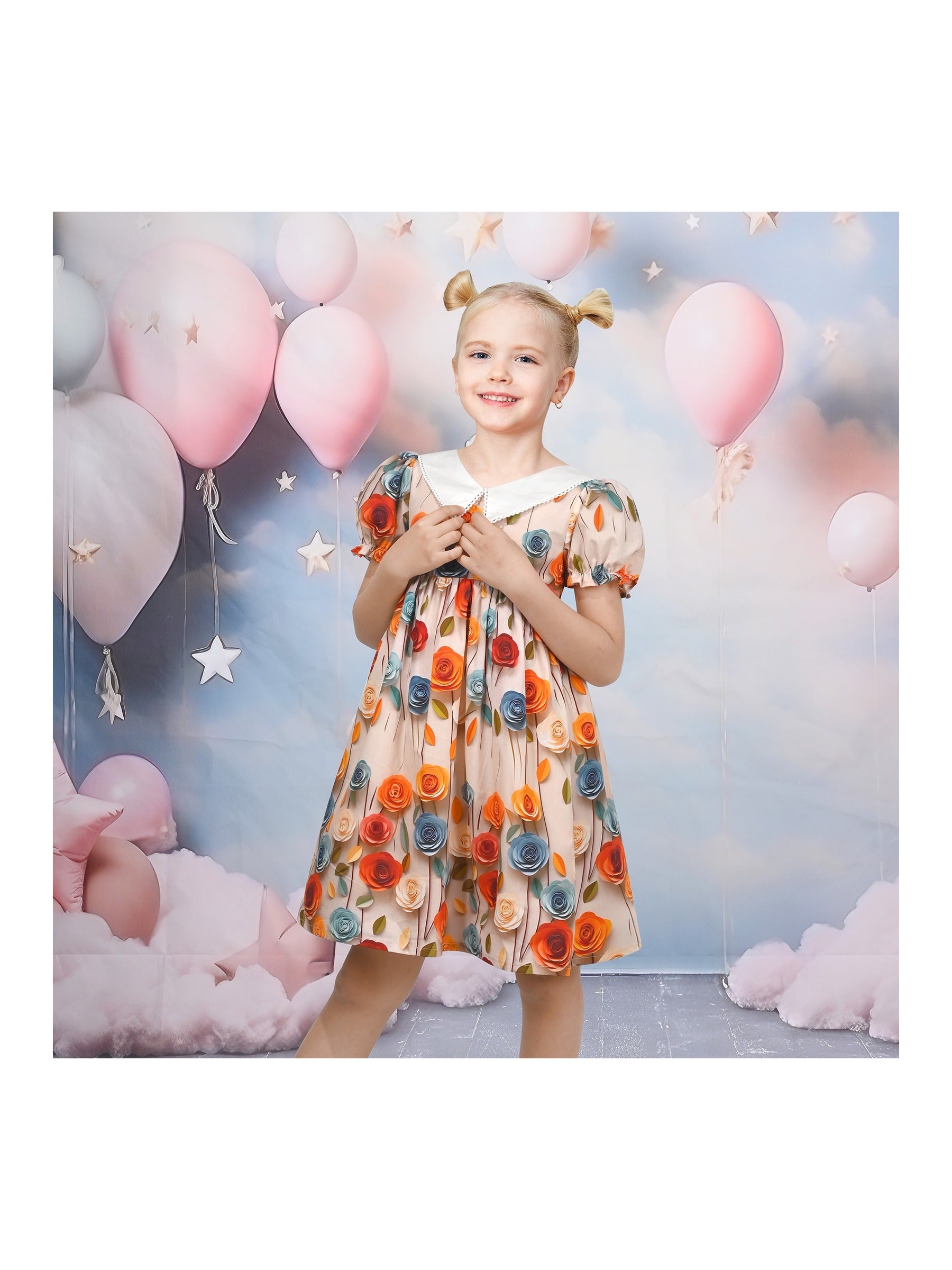 Girls Dress Floral Rose Collar Puff Sleeve Casual Summer Party Yellow
