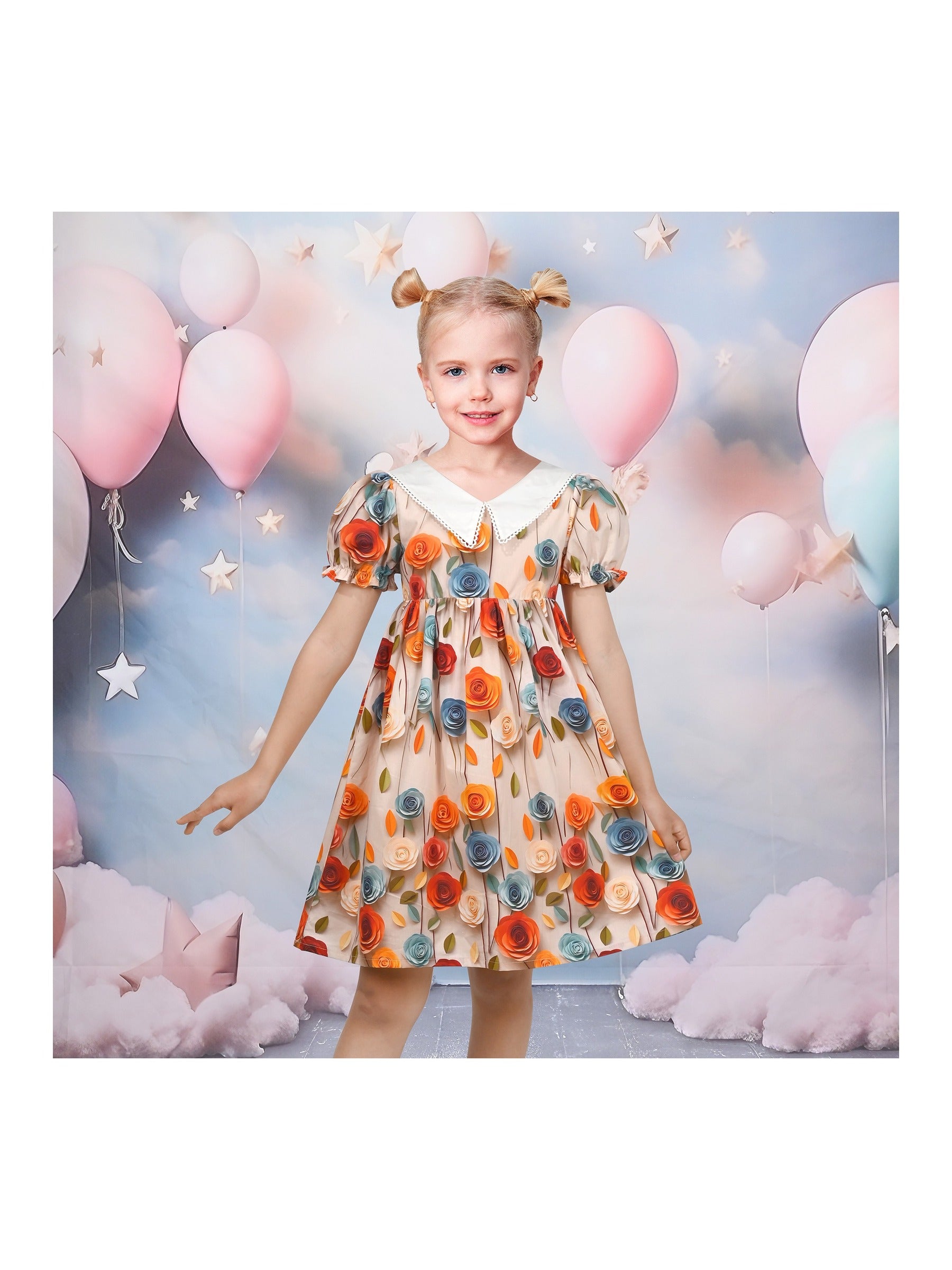 Girls Dress Floral Rose Collar Puff Sleeve Casual Summer Party Yellow