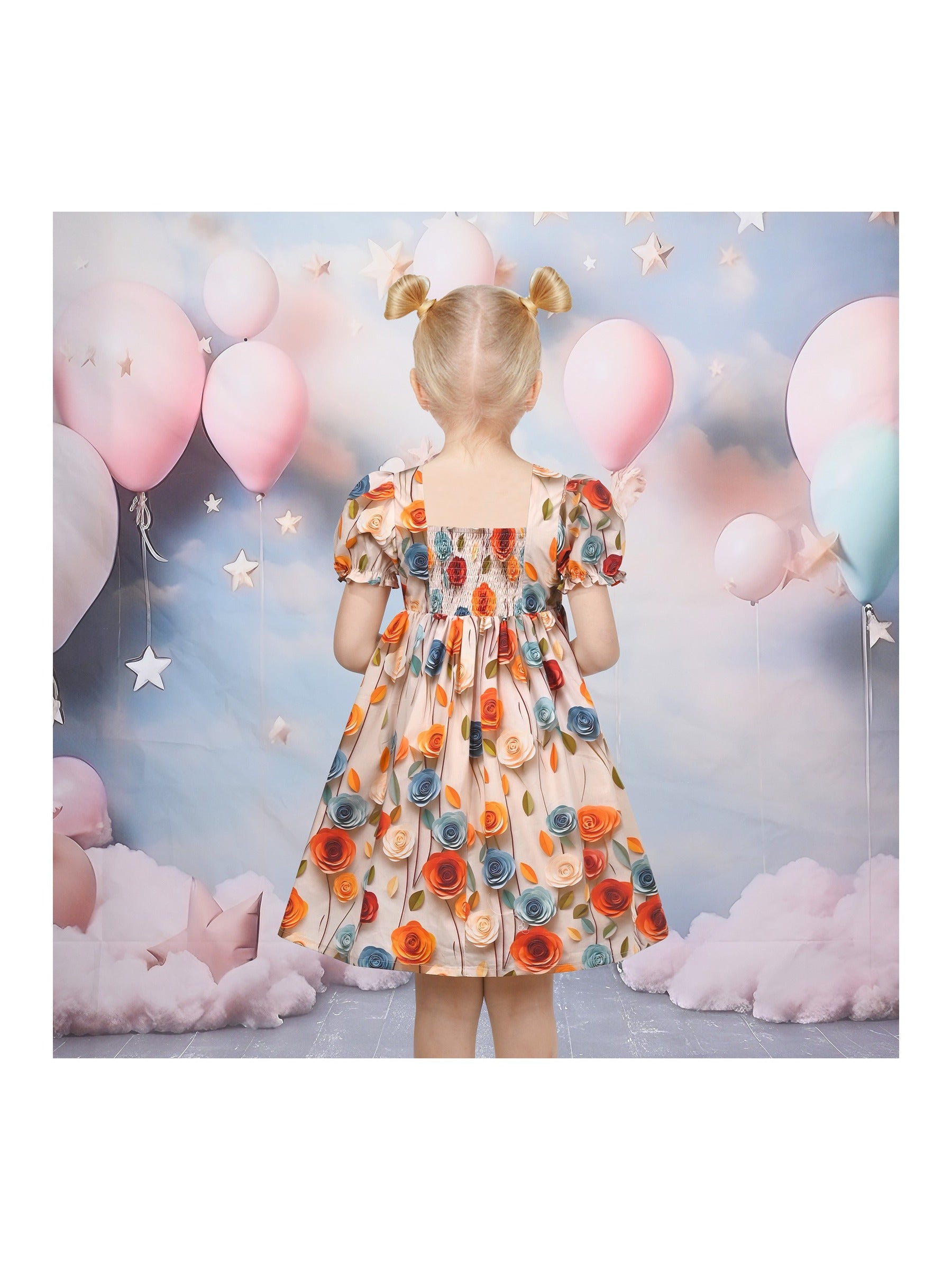 Girls Dress Floral Rose Collar Puff Sleeve Casual Summer Party Yellow