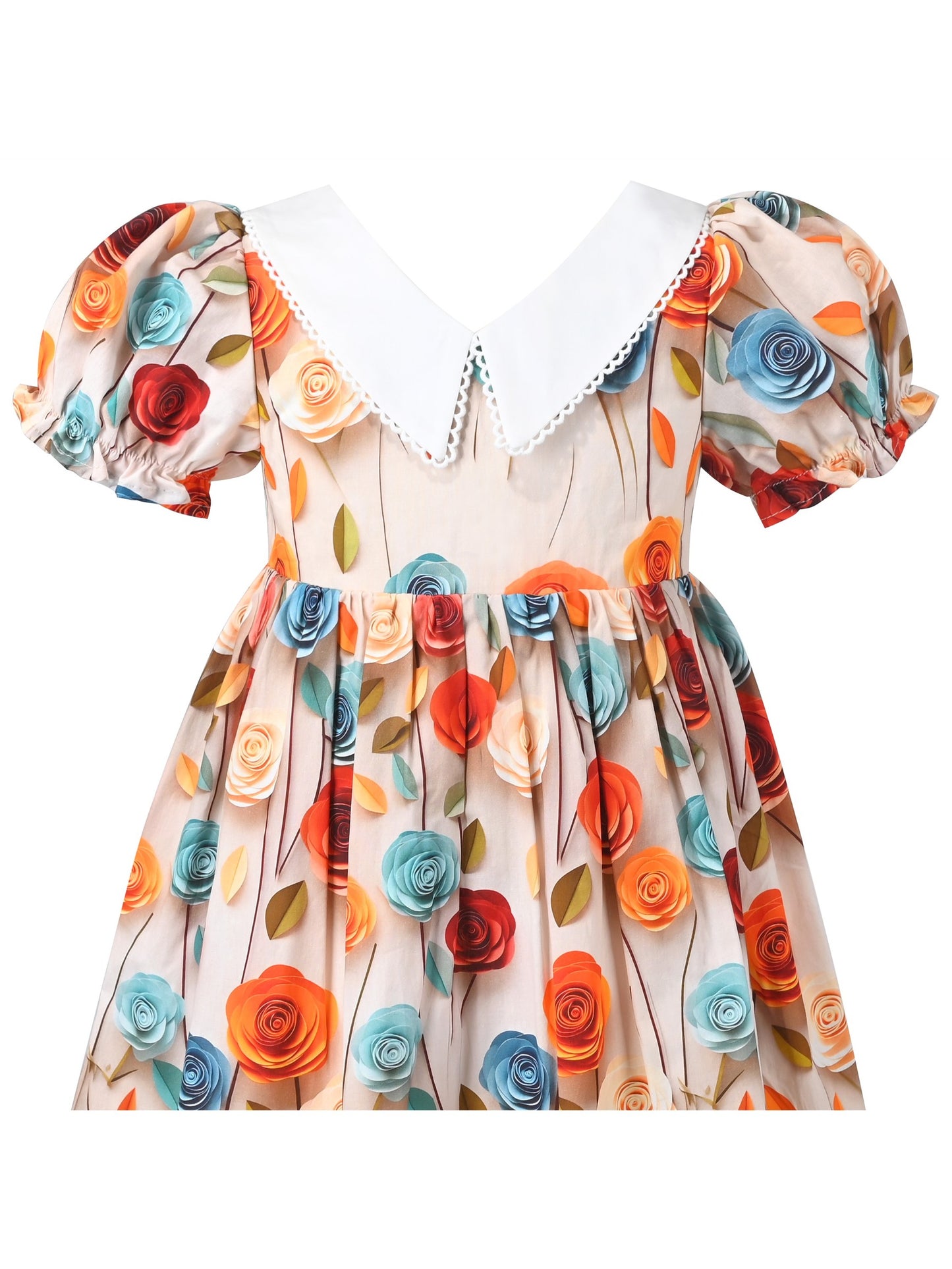 Girls Dress Floral Rose Collar Puff Sleeve Casual Summer Party Yellow